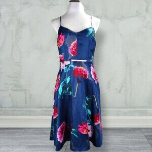 Banana Republic Strappy Floral Print Dress Size 10 Fit Flare Pockets Rayon Linen